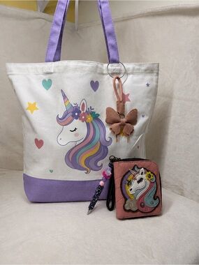 Unicorn Canvas Tote Set w/ Chala Wallet, Decorated Cup, Butterfly Charm & DIY